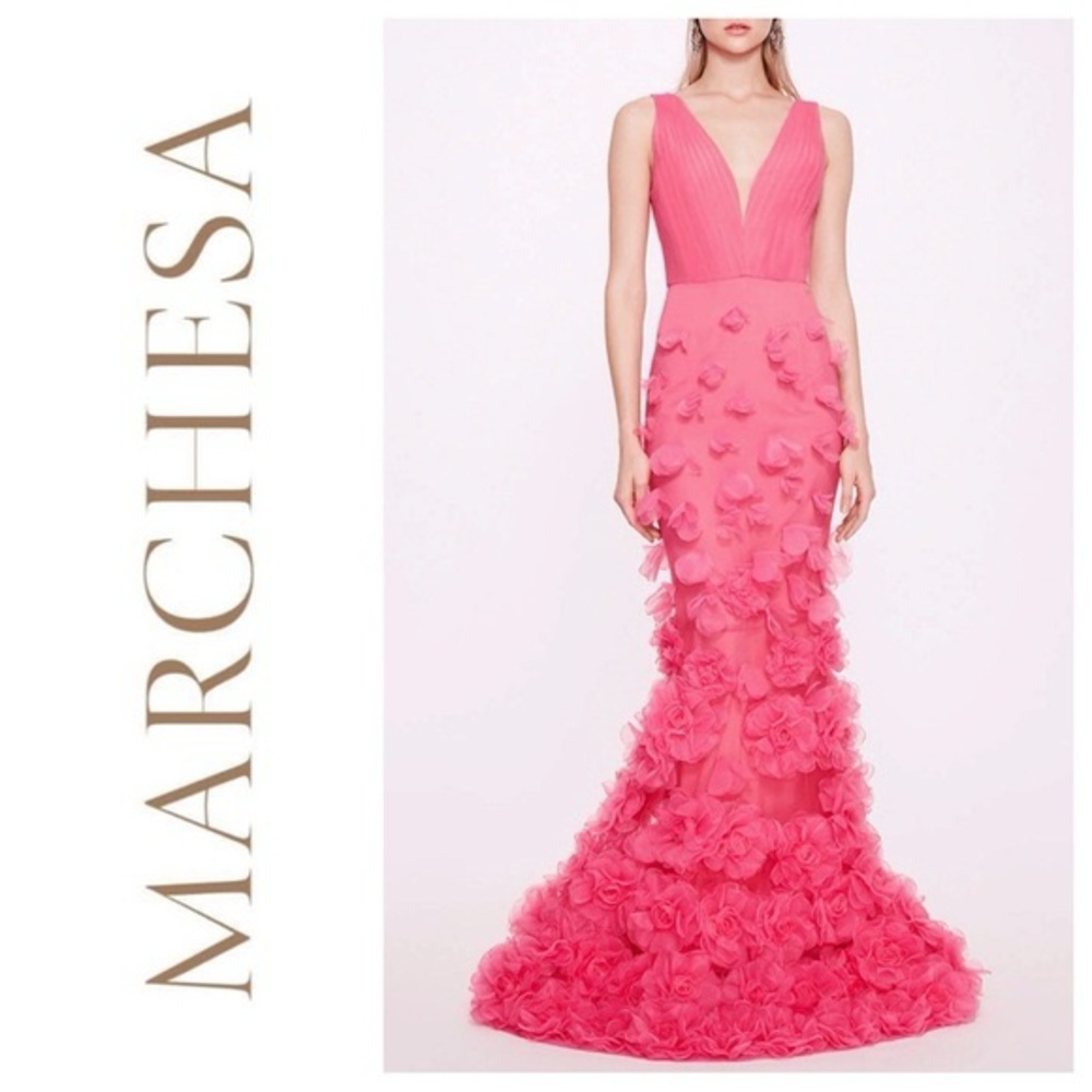 Marchesa Pink Floral Appliqué V-Neck Gown